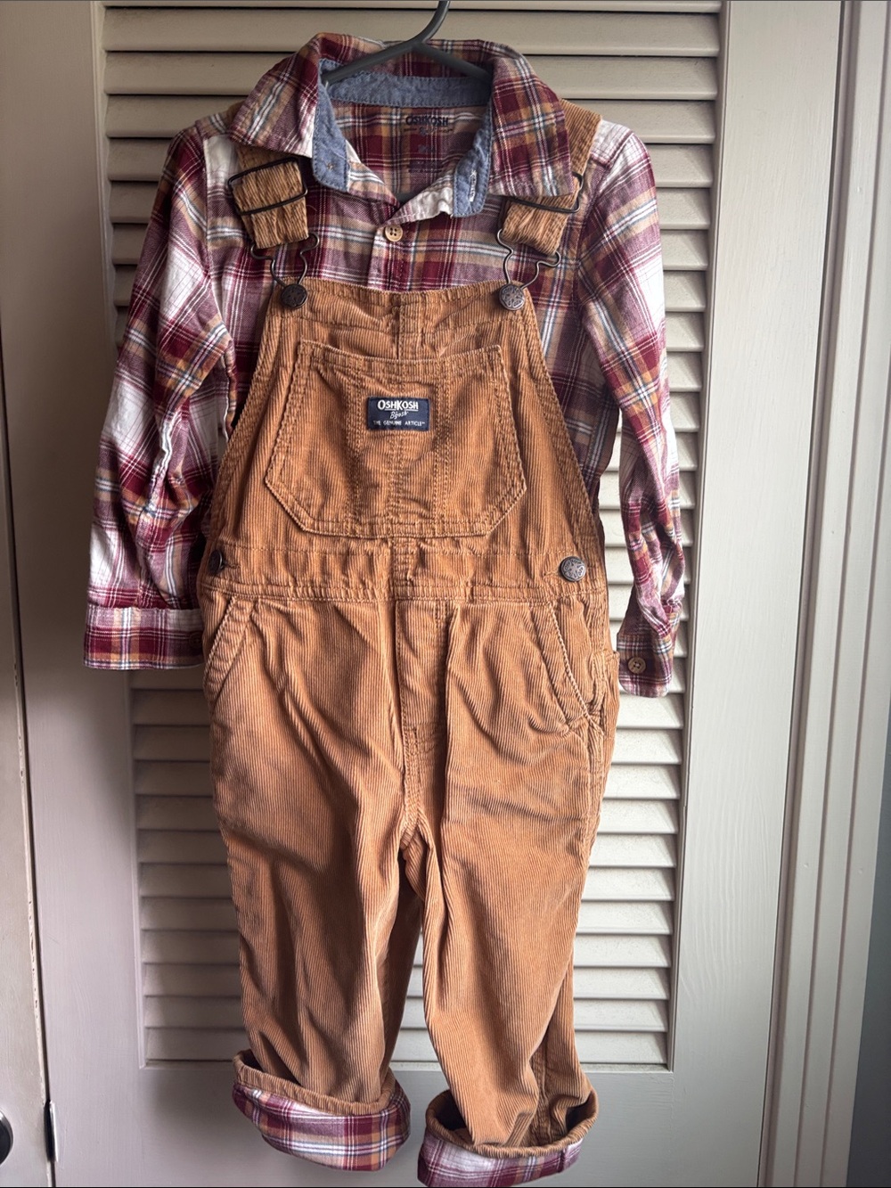 OshKosh B'gosh Caramel/camel/tan Corduroy Overalls with Plaid Shirt 2pc set